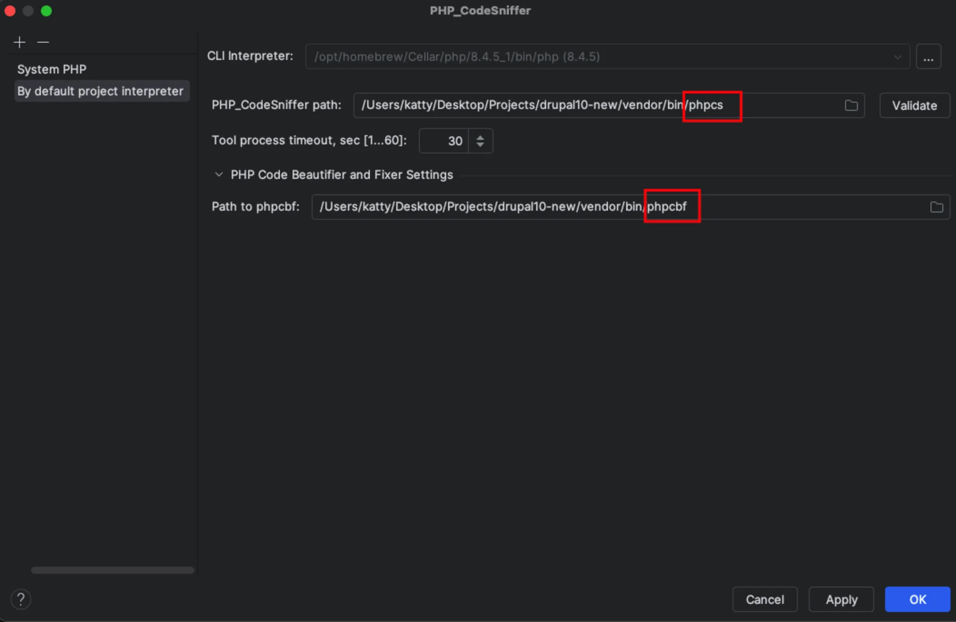 Configuration path of phpcs and phpcbf