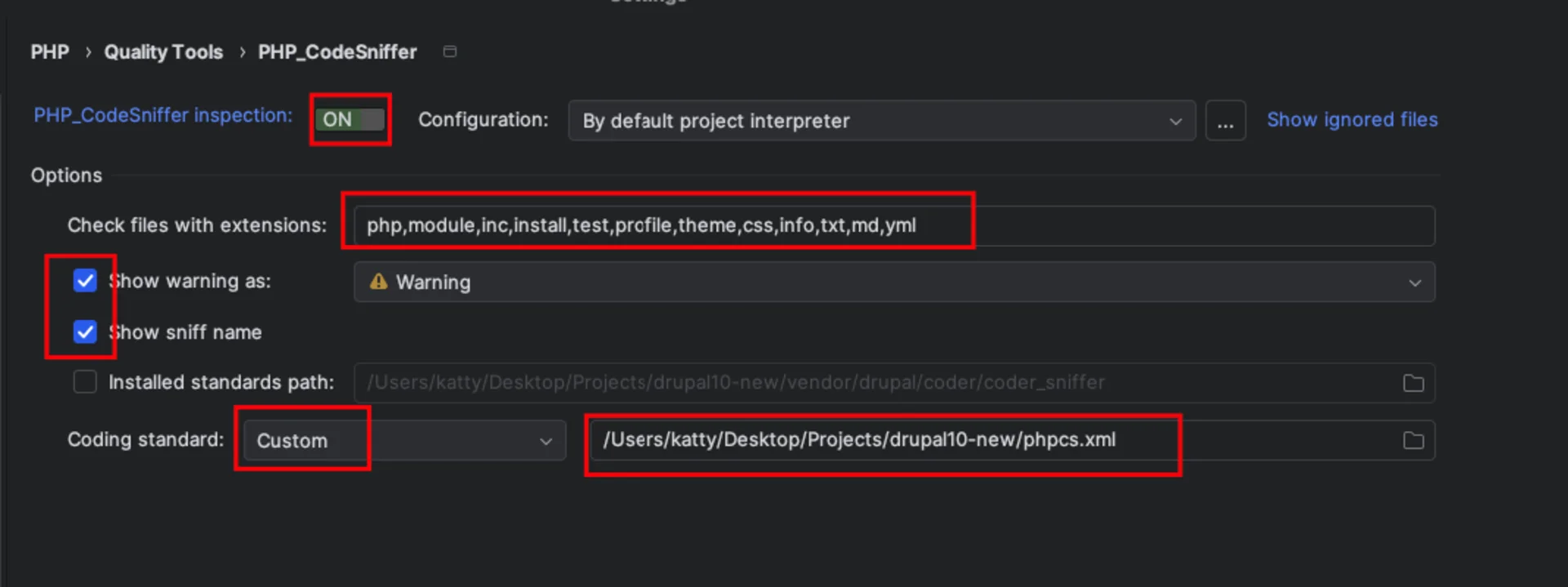 Configuration php codesniffer custom