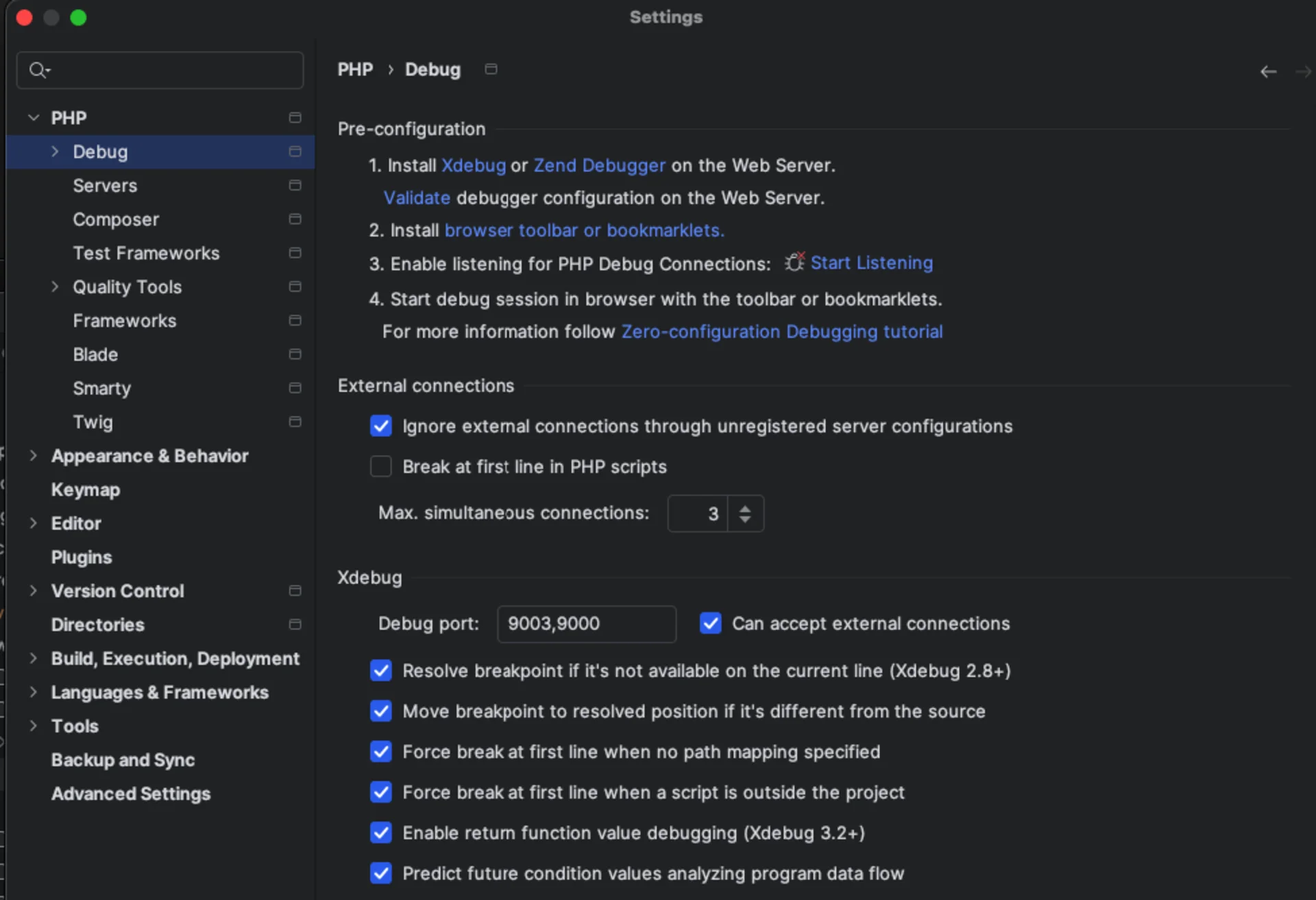 Configure debug preferences