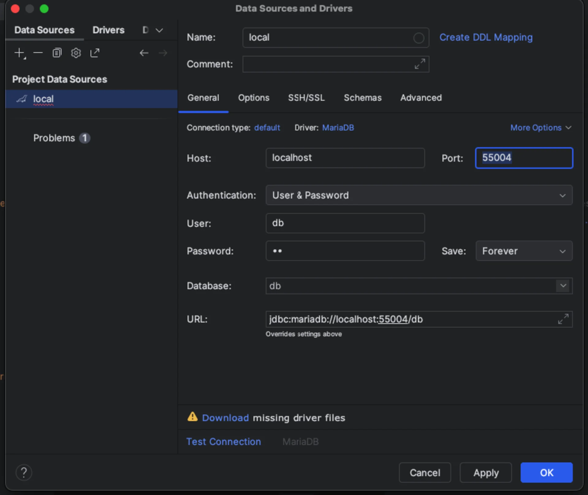 Conexion database local phpstorm
