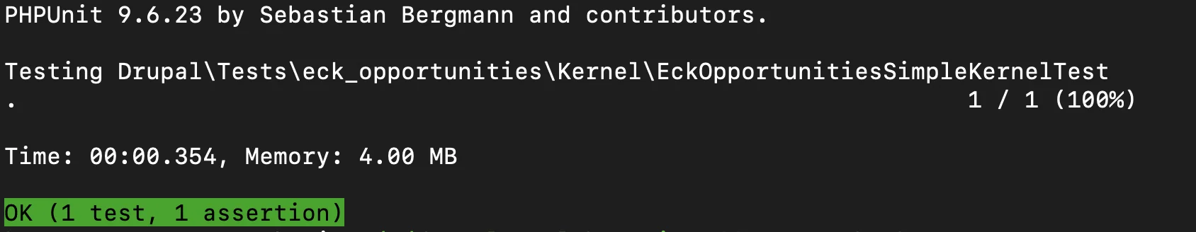 PHPUnit green output after running the first assertTrue(TRUE) Kernel test in DDEV