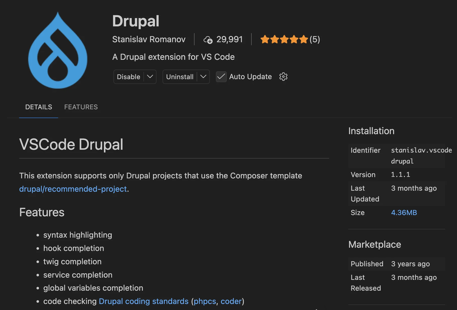 Extensión Drupal para VSCode en el Marketplace, de Stanislav Romanov