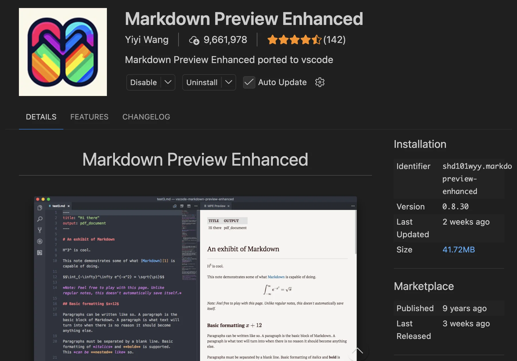 Markdown Preview Enhanced en el Marketplace de VSCode, de Yiyi Wang