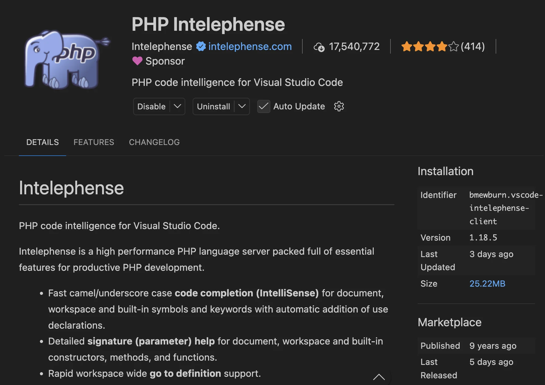 PHP Intelephense en el Marketplace de VSCode, con más de 17 millones de instalaciones