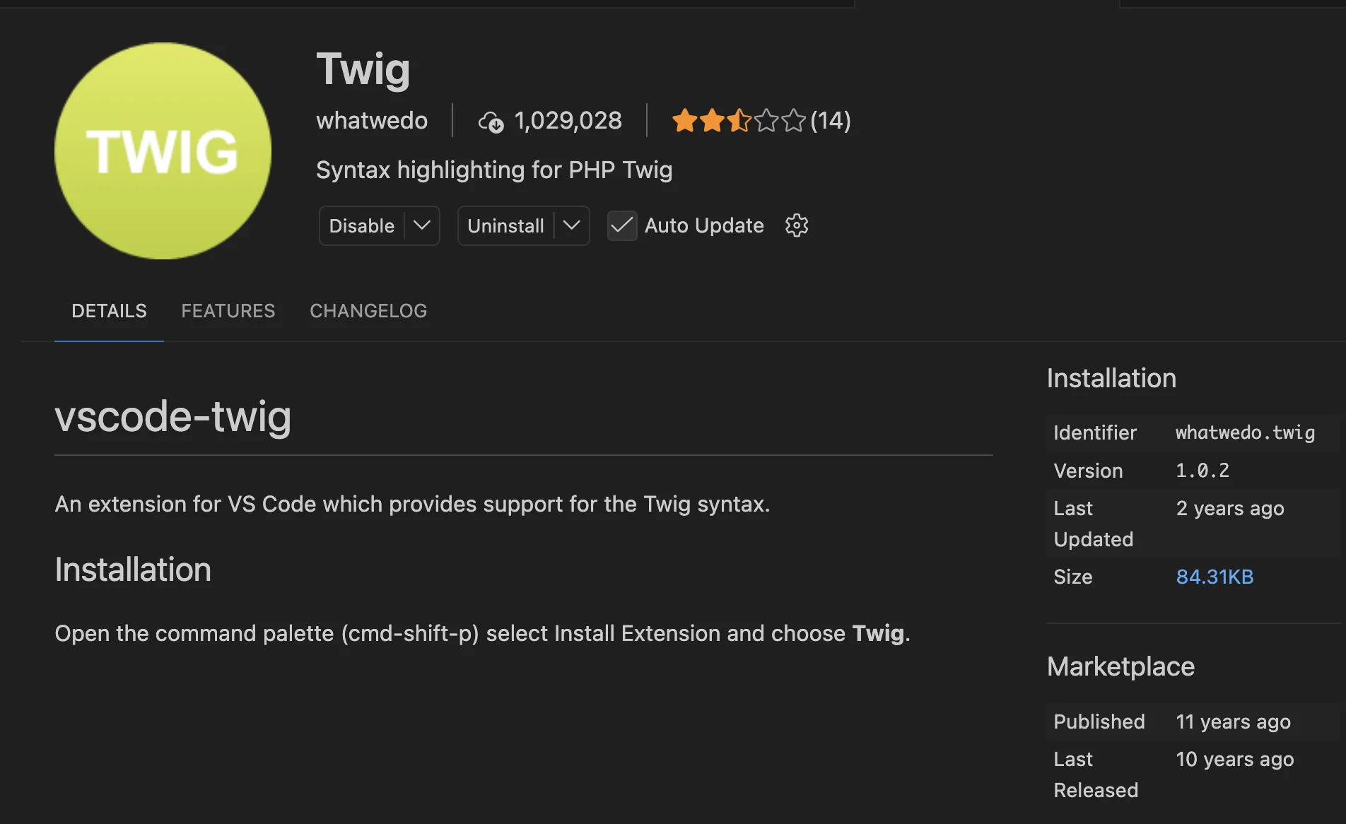 Extensión Twig para VSCode en el Marketplace, de whatwedo GmbH